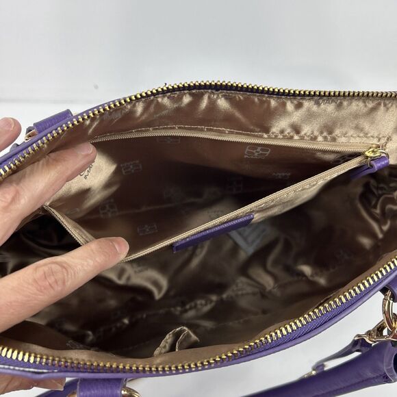 Iman Global Chic Logo Print Dome Satchel Handbag Purse Purple Gold Trim Ivory - Picture 9 of 16